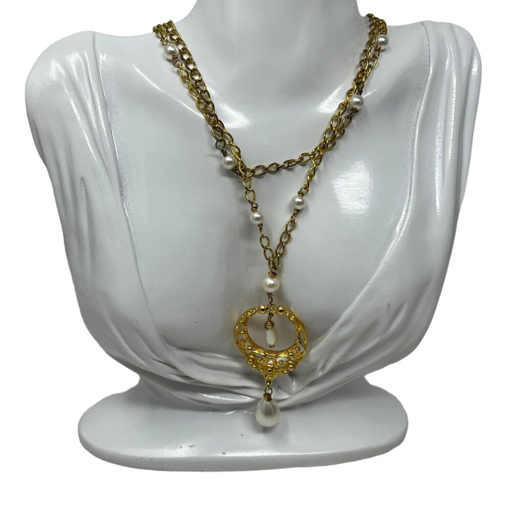 Vintage Florenza Necklace Long Statement Gold Tone Pearl‎ Stations and Pendant
